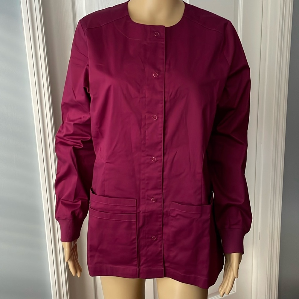 Three Amazon Essentials Plum‎ Long Sleeve Full Front Snap Closure Scrub Jackets